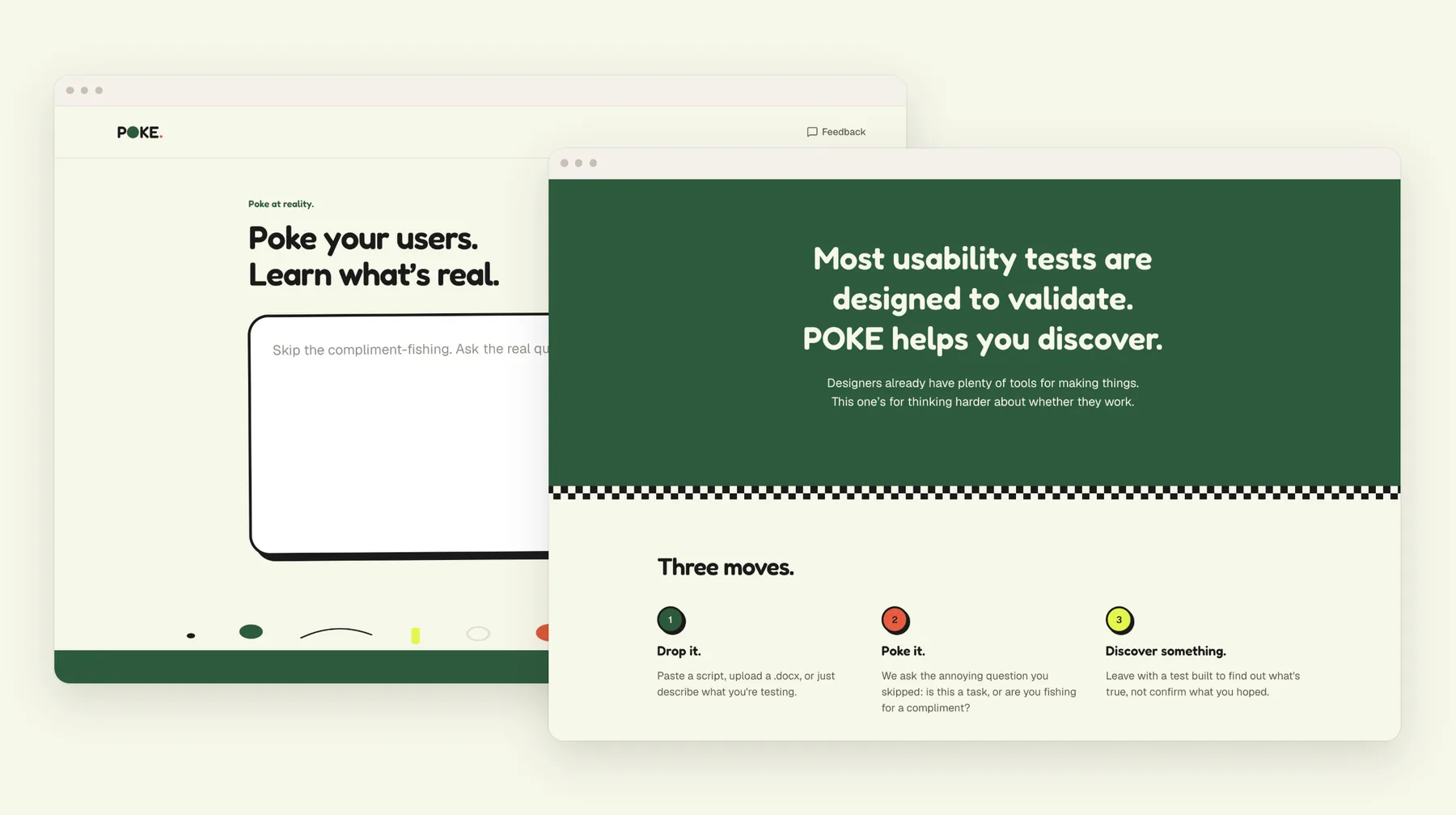 The POKE home page, with the headline Poke your users, learn what's real, and a green section that reads Most usability tests are designed to validate. POKE helps you discover, above a row called Three moves.